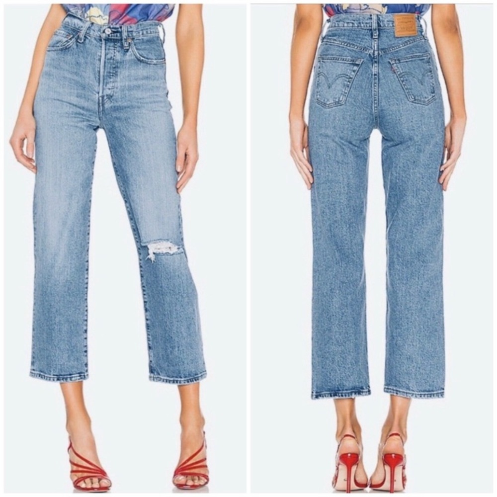 Levi's Premium Ribcage Straight Crop Distressed Jeans Haters Gonna Hate 27